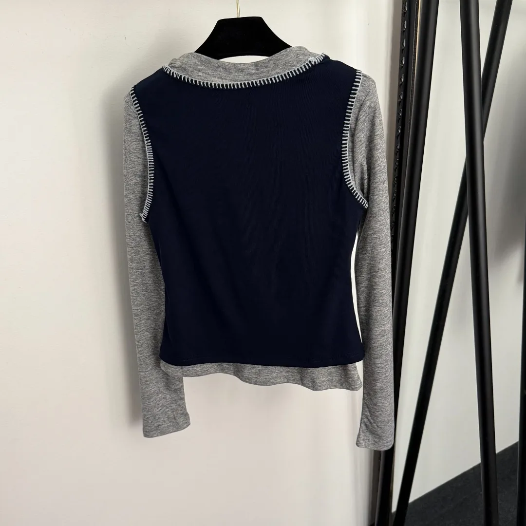 

2025 Early Autumn Fashion Women's Plush Letter Fake Two-Piece Splicing Long-Sleeved T-Shirt Bottoming Shirt Navy Blue Top