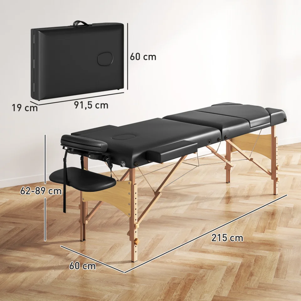 Immagine 5: Lettino da Massaggio Pieghevole in Legno a 3 Zone con Poggiatesta e Braccioli Regolabili 215x60x62-89 cm Nero