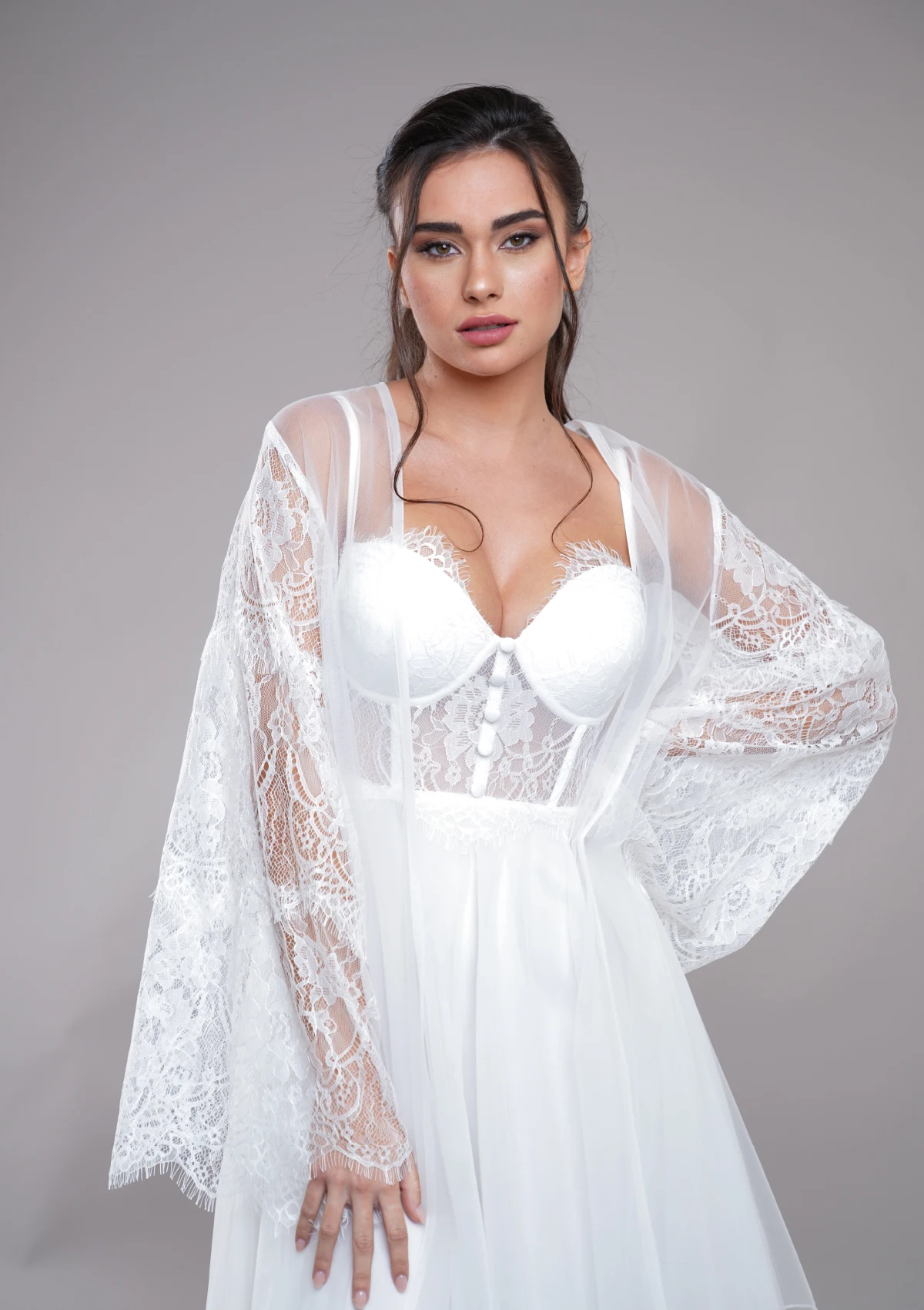 Personalizado de duas peças de renda mini noiva robe para casamento sexy mangas alargamento tule macio vestido de chá de panela feminino noite gwon 2024