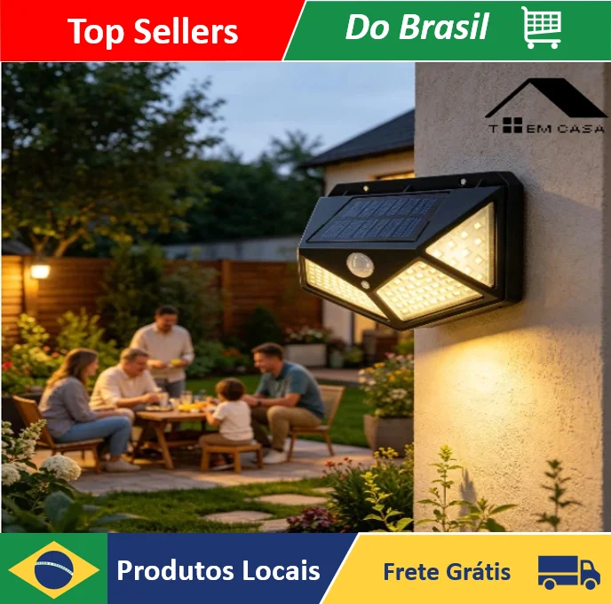 Luminária Solar 100 LEDs com Sensor de Presença Sem Fio à Prova d'Água para Exterior 3 Modos - Loja Toemcasa