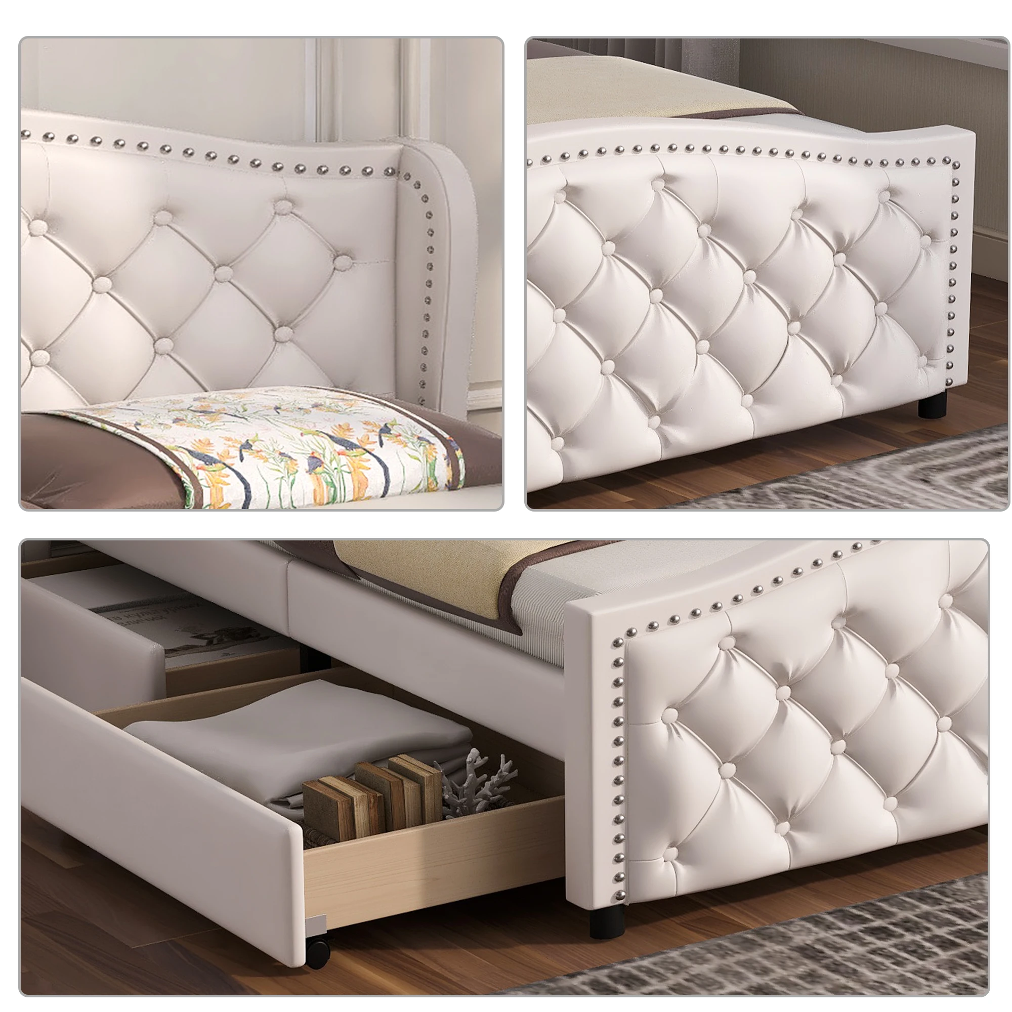 VSOGA Upholstered Bed 140 X 200 Cm - Bed With Slatted Frame, 2 Drawers And Headboard With Tow Point Rivets