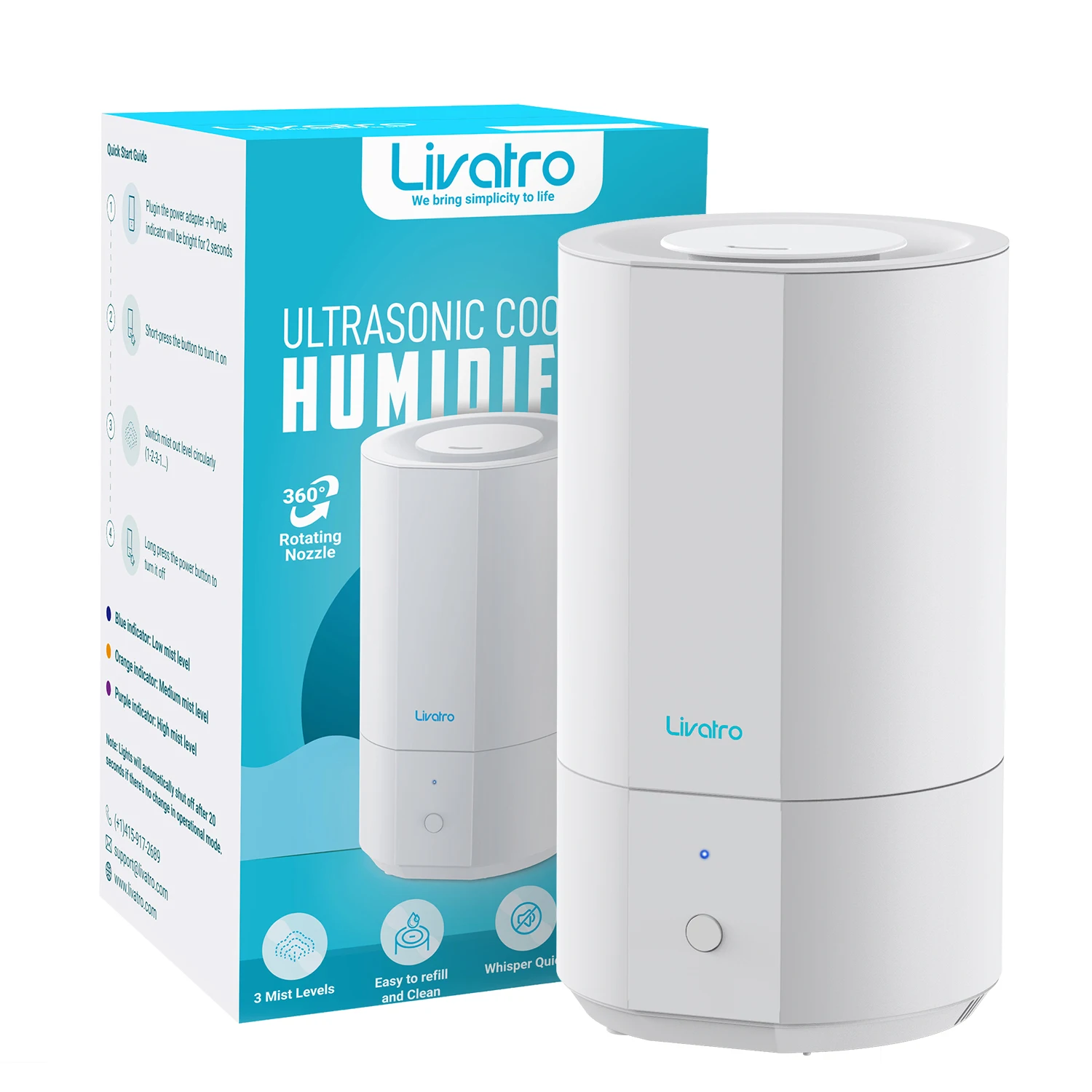 4L Top Fill Humidifier for Bedroom, Cool Mist with Ultrasonic Quiet, Auto Shut-off and Easy to Clean,  40Hrs Runtime, White