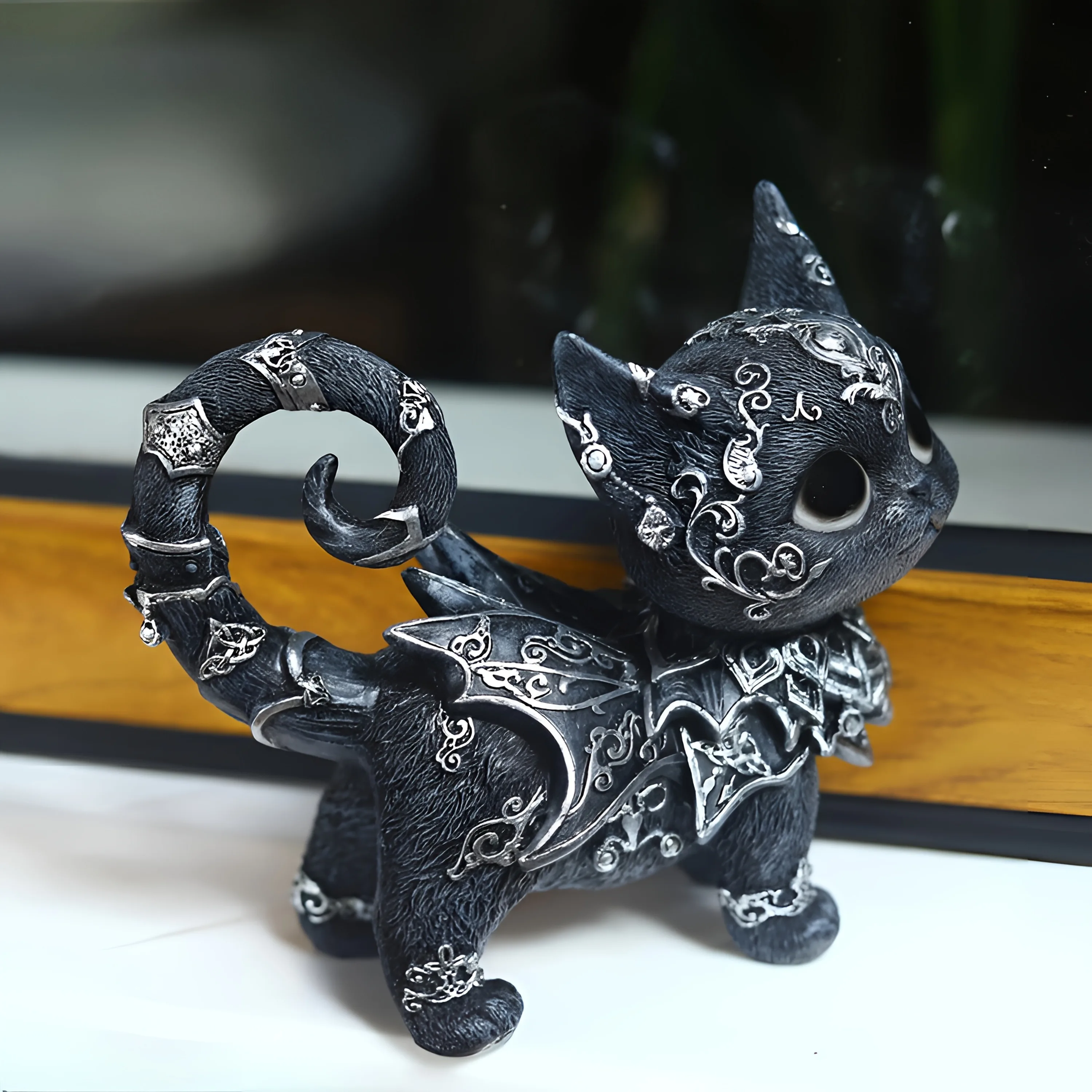 Gothic Armored Black Cat Resin Figurine Dark Style Desktop Ornament Living Room Porch Decor Halloween Christmas Birthday Holiday