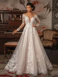 Elegant Sheer O-neck Long Sleeve Wedding Dresses  Lace Applique Illusion Back A Line Bridal Gown Princess Vestido De Noiva