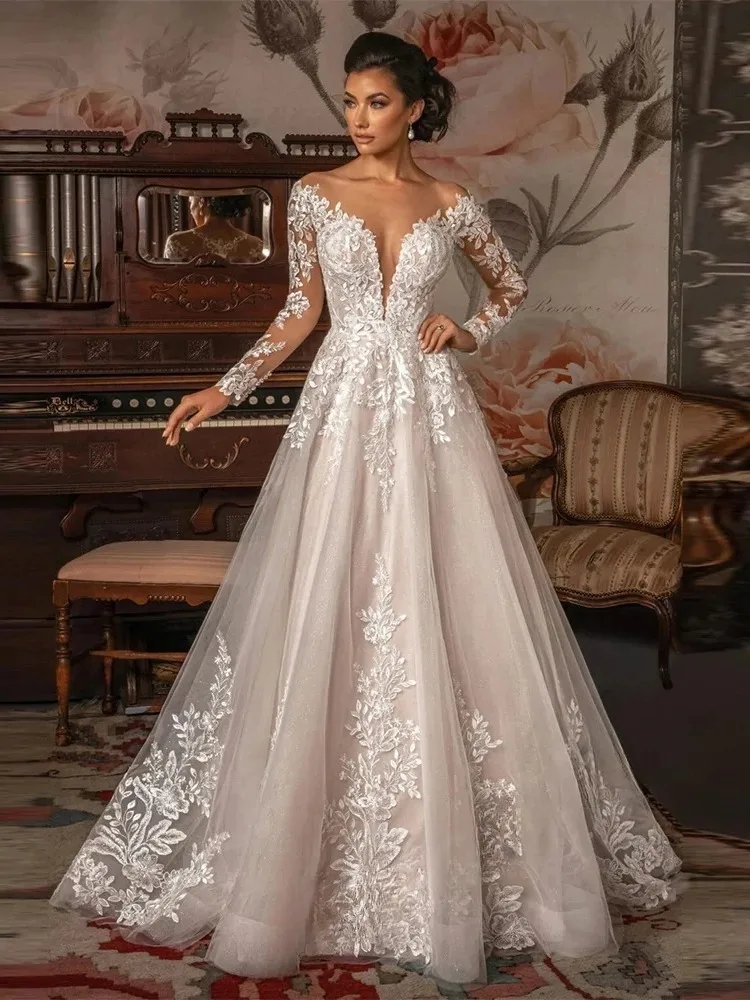 Elegant Sheer O-neck Long Sleeve Wedding Dress Lace Applique A Line Bridal Gown Princess Vestido De Noiva