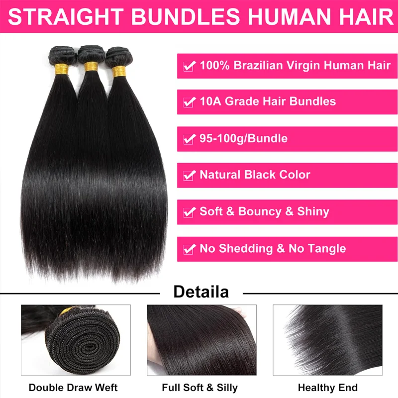 미가공 브라질 버진 인모 직조 번들, 내추럴 블랙 헤어 익스텐션, 10A, 20, 22, 24, 26 인치, 4 번들