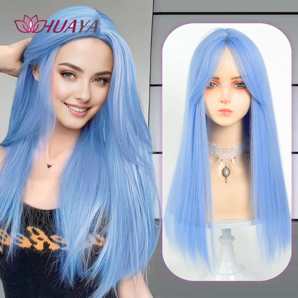 Women's Synthetic Cosplay Lolita Wigs With Middle-part Bang Glacier Blue Long Straight Hair For Party Lady Girl