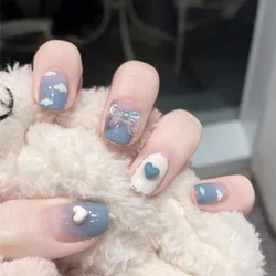 24pcs Short Square Round Fake Nails Blue Sequin Design Press on Nails Full Cover Artificial False Nail Art Accessories & Tools
