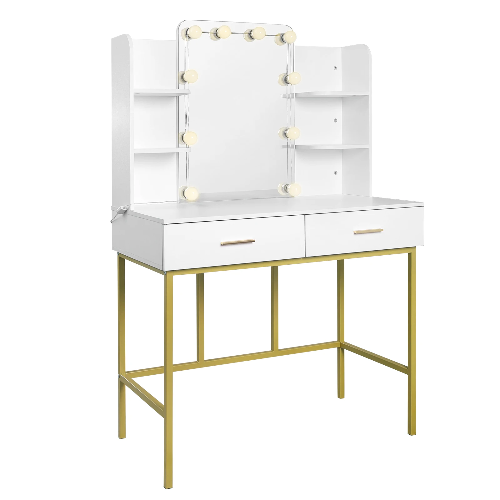 White Gold Vanity Desk with Mirror LED Lighting 2 Drawers Modern Dresser Dressing Table Makeup Table for Bedroom Household Home