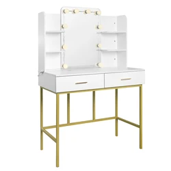 Bureau de courtoisie blanc et or avec miroir, éclairage LED, 2 tiroirs de proximité, commode moderne, table de maquillage pour chambre à coucher, ménage, maison