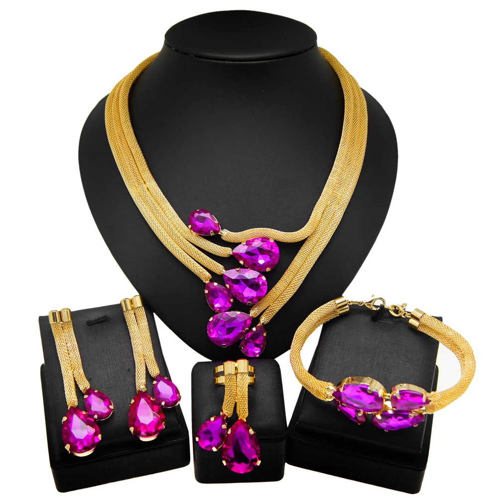 Woman Necklace Jewelry Set Fashionable Brazilian Gold Style Original 24K Gold Plated Purple and Champagne Zircon Pendant SYHOL