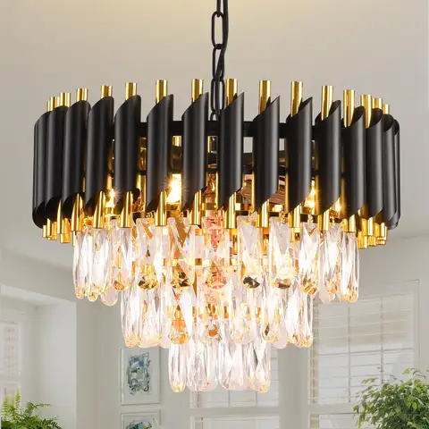 Black and Gold Crystal Chandelier Pendant Light Fixture Flush Mount Ceiling Lighting 3 Tiers Modern Crystal Chandeliers