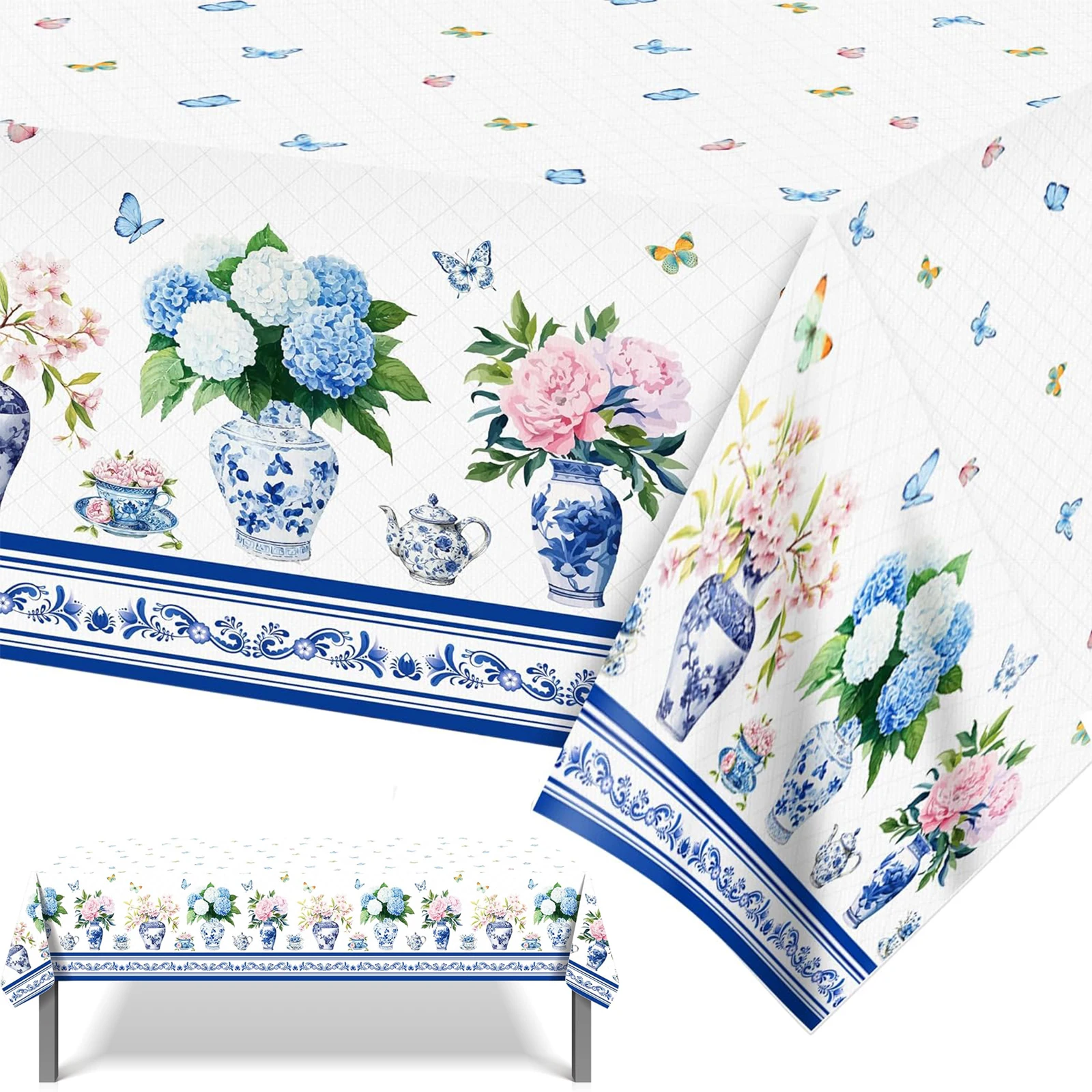 Hydrangea Tablecloth Blue White Porcelain Pattern Flower Butterfly TableCover Disposable Plastic for Weeding Girl Birthday Party