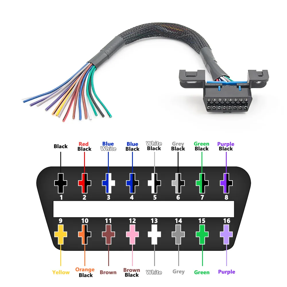 Universal OBD2 16 Pin Female Connector to Color Bare Wire OBDII Opening Cable 30cm DIY Extension Cable Car Diagnostic Interface