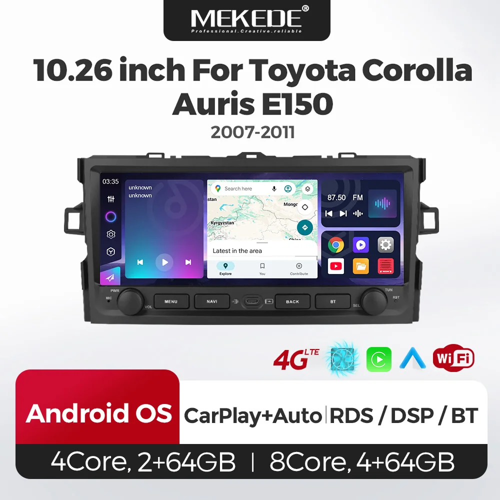 Pantalla táctil MEKEDE con sistema operativo Android para Toyota Auris Corolla 2006-2012, unidad principal multimedia para coche de 10.26 pulgadas con GPS, navegación y Carplay.