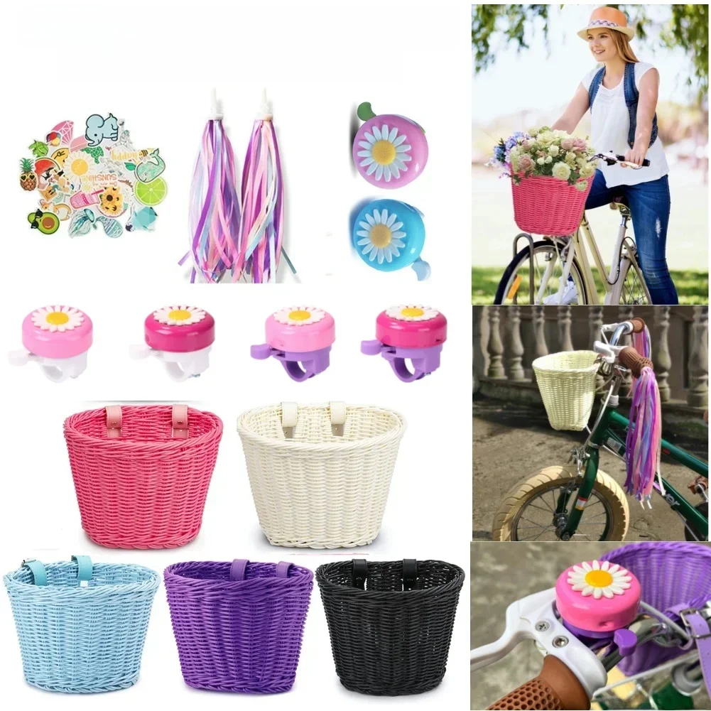 AliExpress 4pcs/Set PE Rattan Wicker Bicycle Front Basket+Bell+Tassel+Stickers Adjustable Handwoven Kid Adult Bike Handlebar Carrier Bag