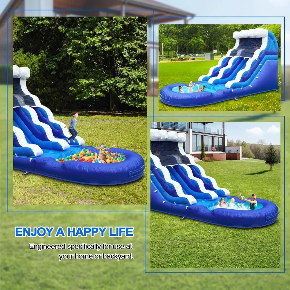 Inflatable Blue Wave Water Slide With Splash Pool  For Kids Adults (with Blower) Backyard Waterslide, Wet Dry Use, Outdoor 21ft