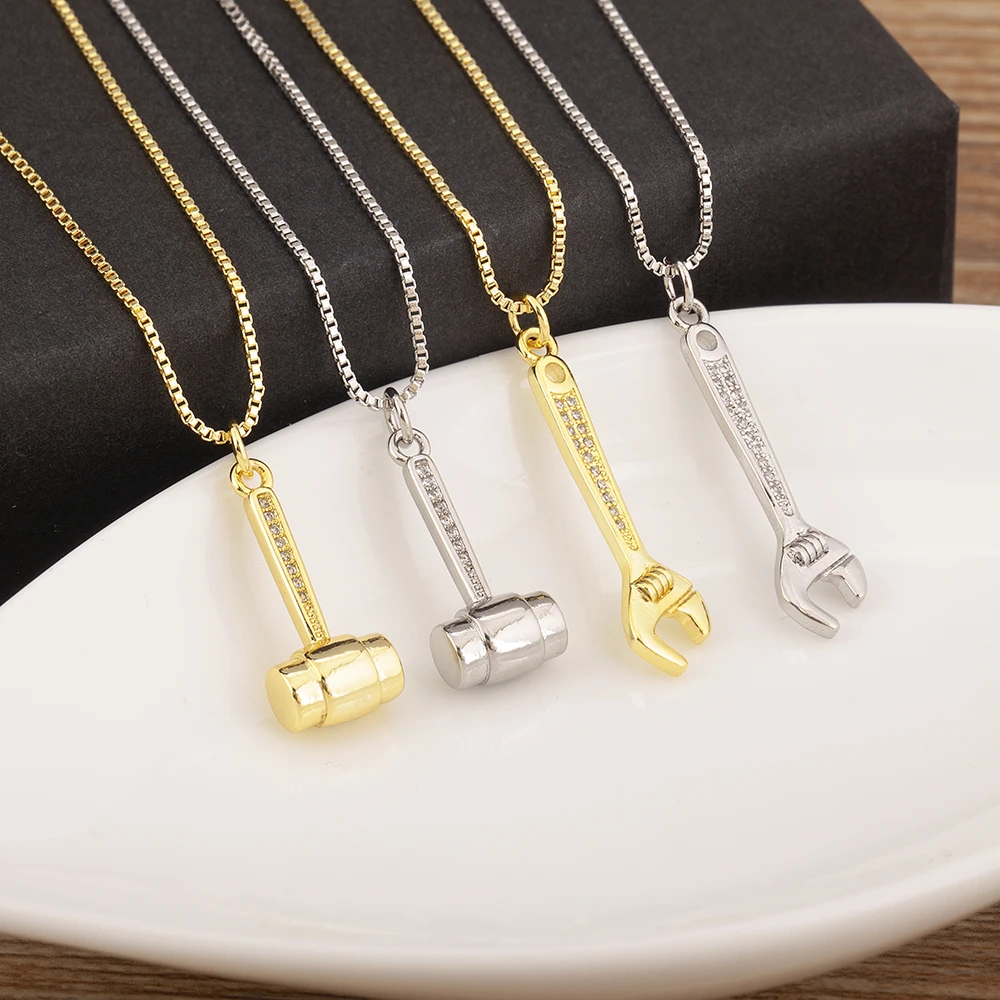 Nidin New Popular Balance Hammer Pliers Shape Charm Pendant Necklace 3 Styles For Women Pave Shiny Crystal Zircon Jewelry Gifts