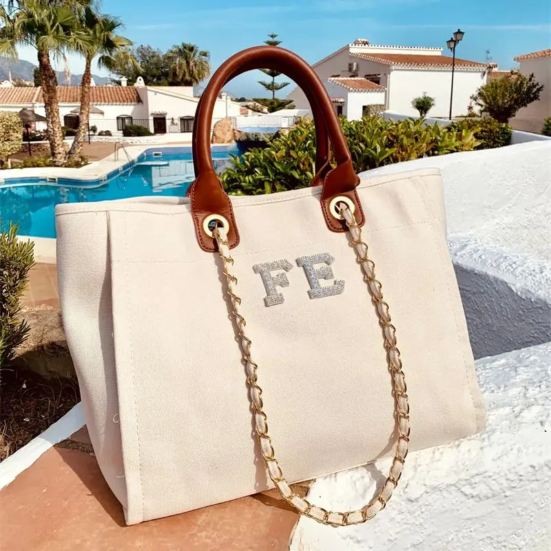 

Custom Luxury Canvas Chain Tote Bag, Monogram Tote Bag, Canvas Chain Beach Shopping Tote Bag, Personalized Weekend Hand Bag