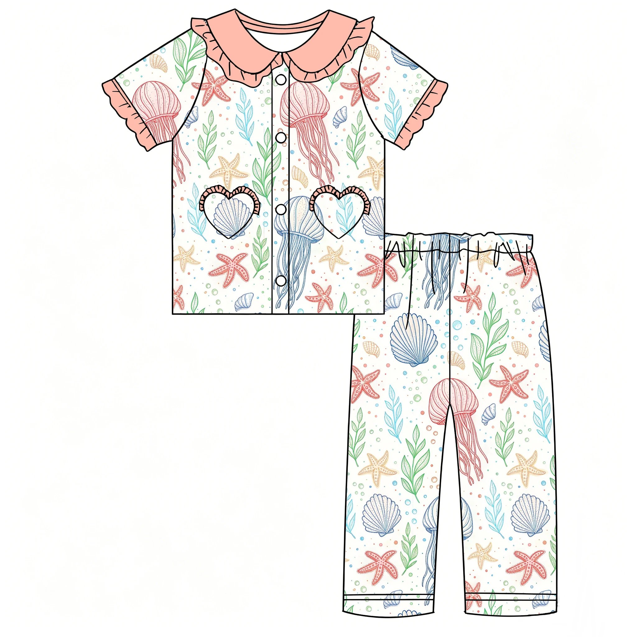 

Boutique girl's pajama set Short sleeves trousers Lapel with ruffled heart-shaped pocket and buttons jellyfish shell boat print