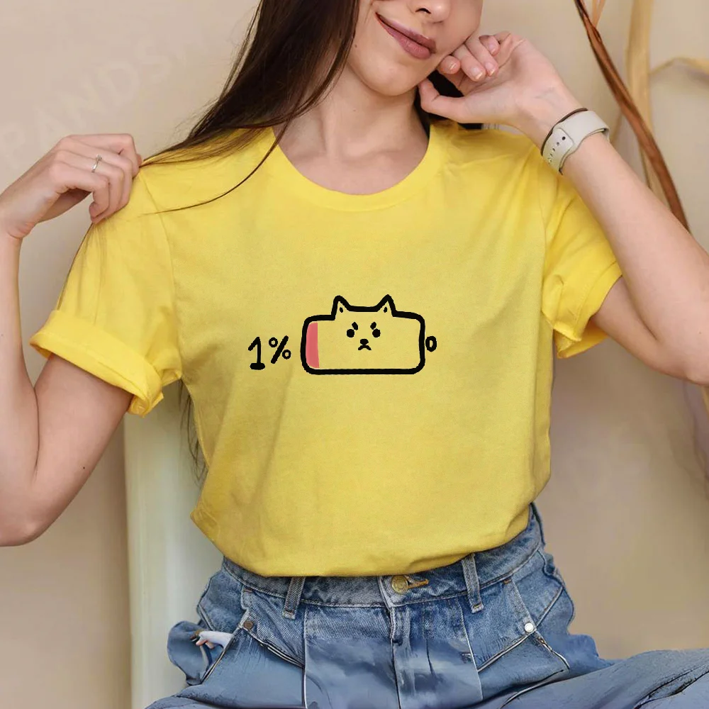 

Cat'S Phone Only Has 1% Battery Leftcotton Tops O-Neck Soft Oversize Tees Summer Casual Cloth Women T-Shirts Cartoons Prints