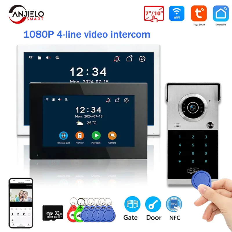 ANJIELO Metal Doorbell Video Intercom System 10inch Touch Screen 4in1 Unlock Romote Safety Protection Tuya Smart