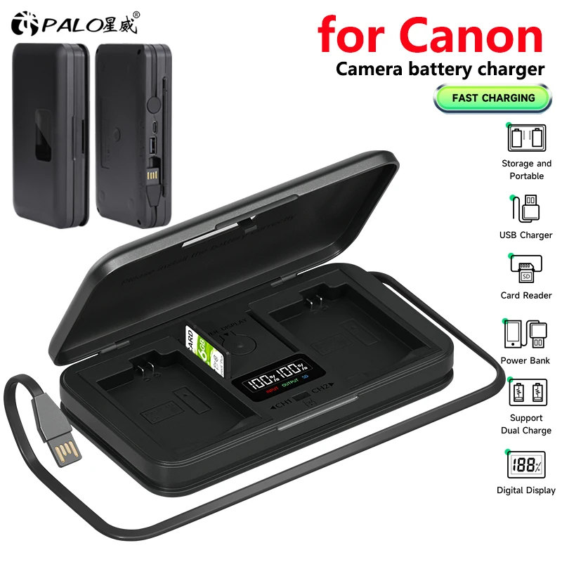 

LCD Smart Charger Case Multi-function Battery Storage Box for Canon LP-E5 E6 E8 E10 E12 E17 NB-2L 7L 10L BP-511 Camera Battery