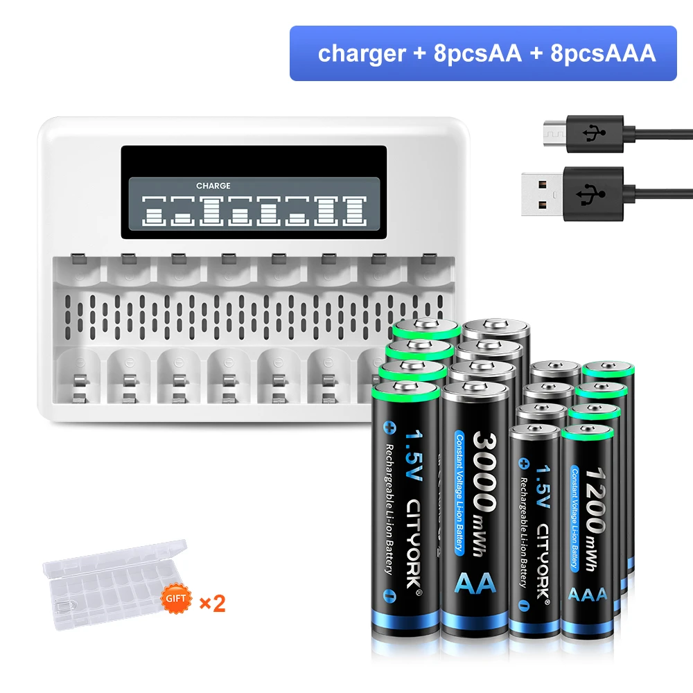 Akumulator litowo-jonowy 1.5V 2A 3AA Akumulator 1200mWh 3000mWh + 8-gniazdowy inteligentny ładowarka akumulatorów litowych LCD 1.5V