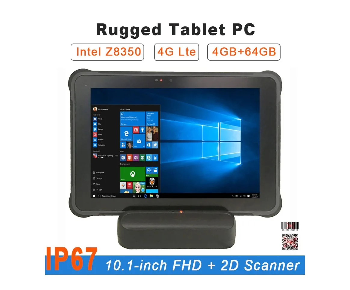 

10.1 inch Industrial 1D 2D Barcode Scanner IP67 Rugged Windows 10 Pro Tablet PC Intel Z8350 4GB RAM 64GB WiFi RS232 RJ45 HDMI