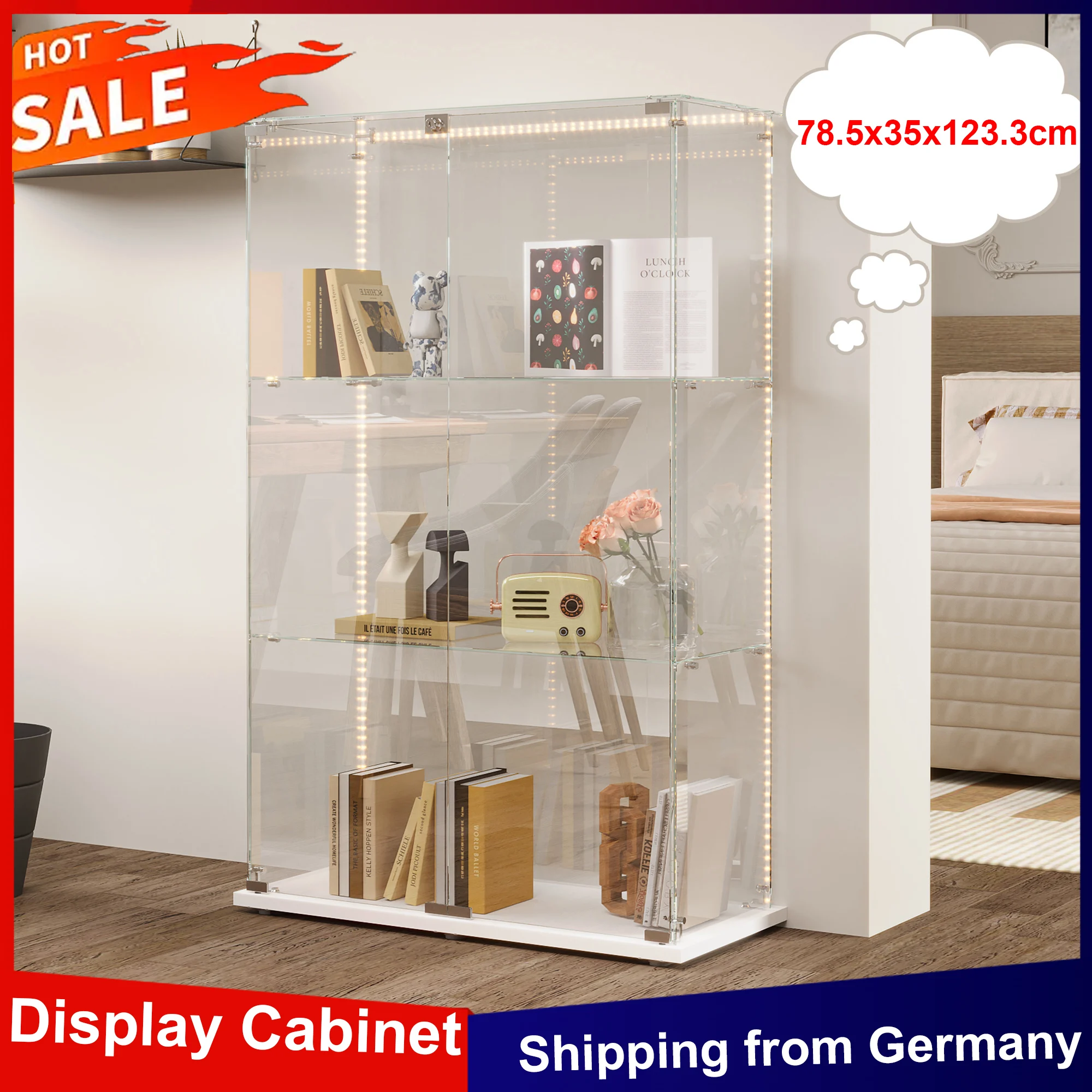 Anajqaqia Glasvitrine, mit LED-Beleuchtungsstreifen, 2-türige 3-stöckige Sammlervitrine, steht für Bücher, Weinfiguren