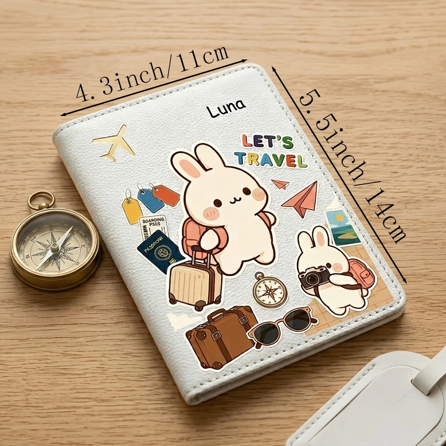 Cute Cartoon Rabbit Backpack Pattern Passport Cover, Customizable Name, Text Passport Book Storage,Travel Accessory Passport Bag