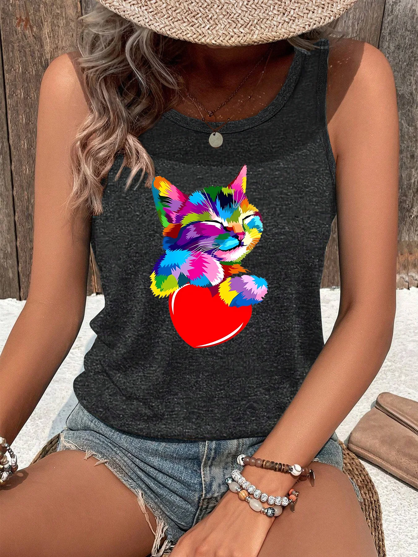 Amor feminino Colorido Gato Símbolo do Coração Regatas, Solto, Gola O, Sem Mangas, Casual, Esportivo Moda, Engraçado