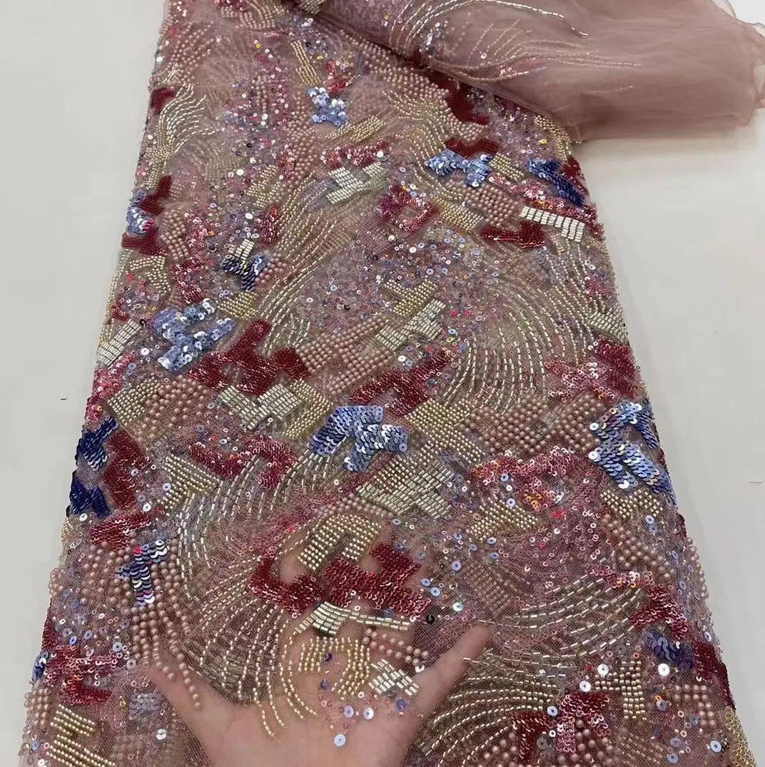 5Yards Mixed color Geometric pattern Heavy industry Sequin With Beaded Embroidery Wedding Dress Evening cheongsam lace fabric