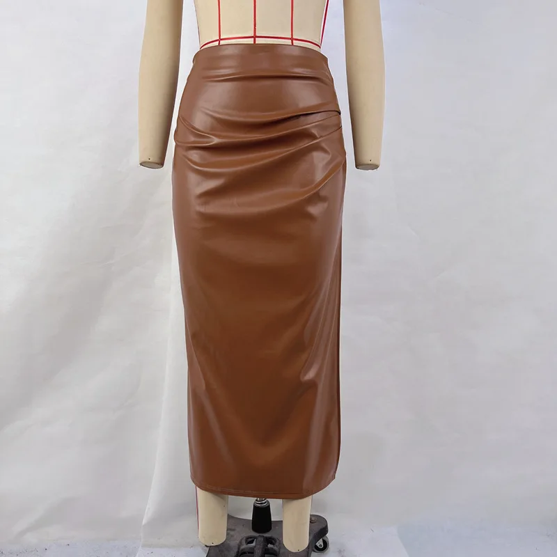 SKMY Women Clothing 2025 Autumn And Winter New Fashion Solid Color PU Leather Skirts High Waist Pleated Split Skirts Party