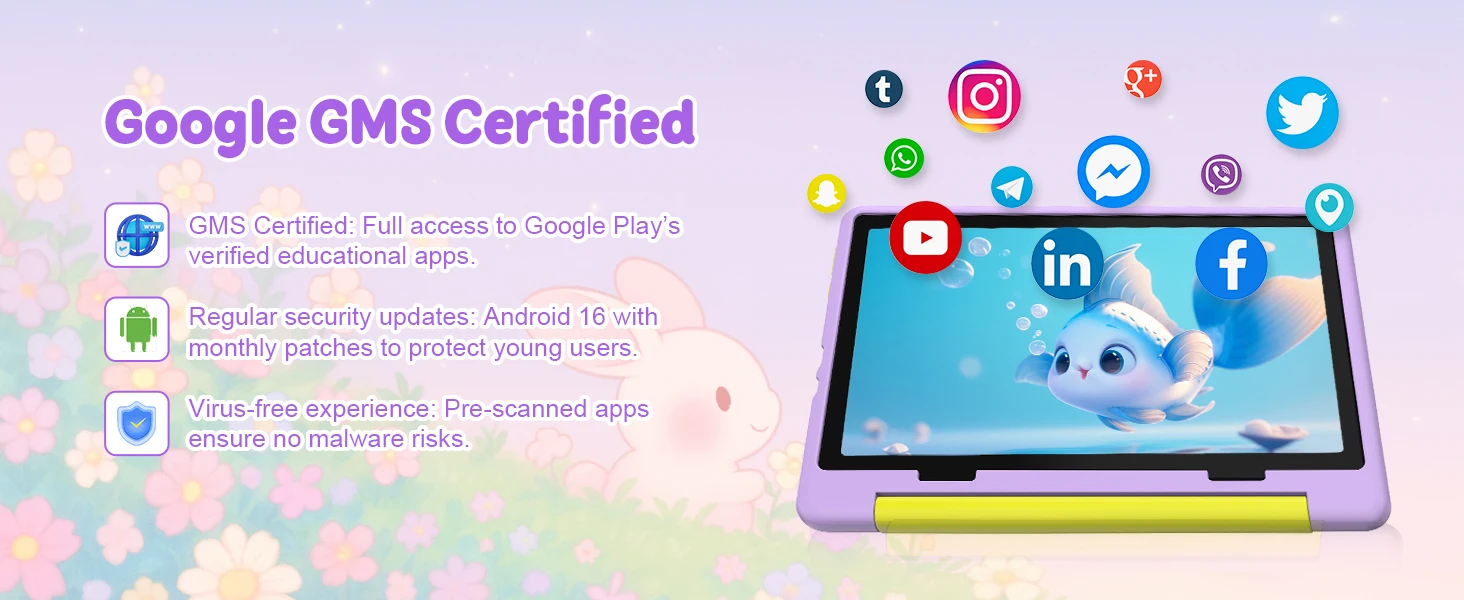 10.1 Inch Kids Tablet 24GB(3+21G) RAM 64GB ROM Android16 GMS Certified A333 Five-Core HD IPS 6000mAh Parental Control With Shockproof Silicone Case Stand Children Learning Tablet PC Purple Blue