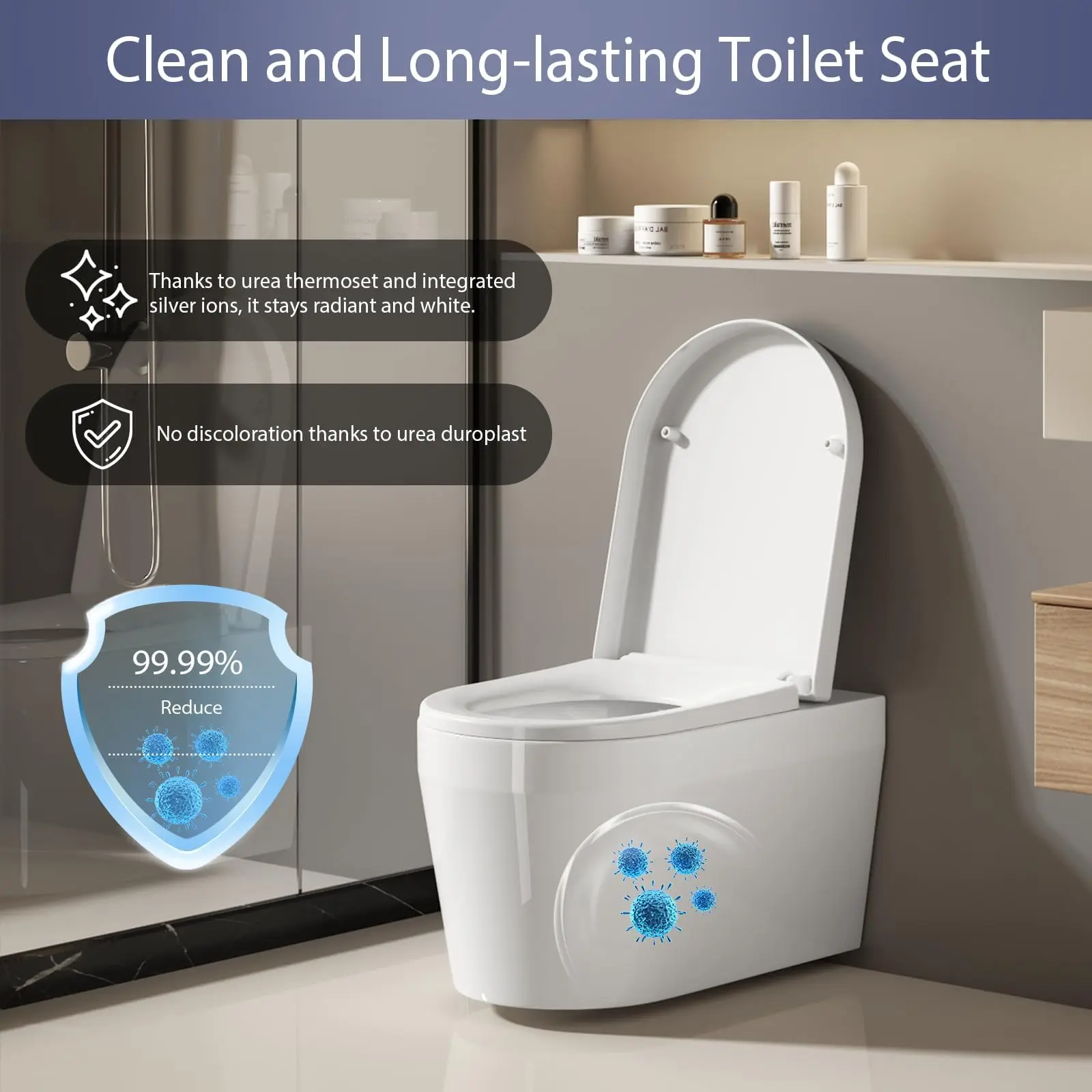 Coperchio WC con meccanismo soft-close, sedile WC grande a forma di D, coperchio rimovibile con chiusura ammortizzata, antibatterico e resistente ai r