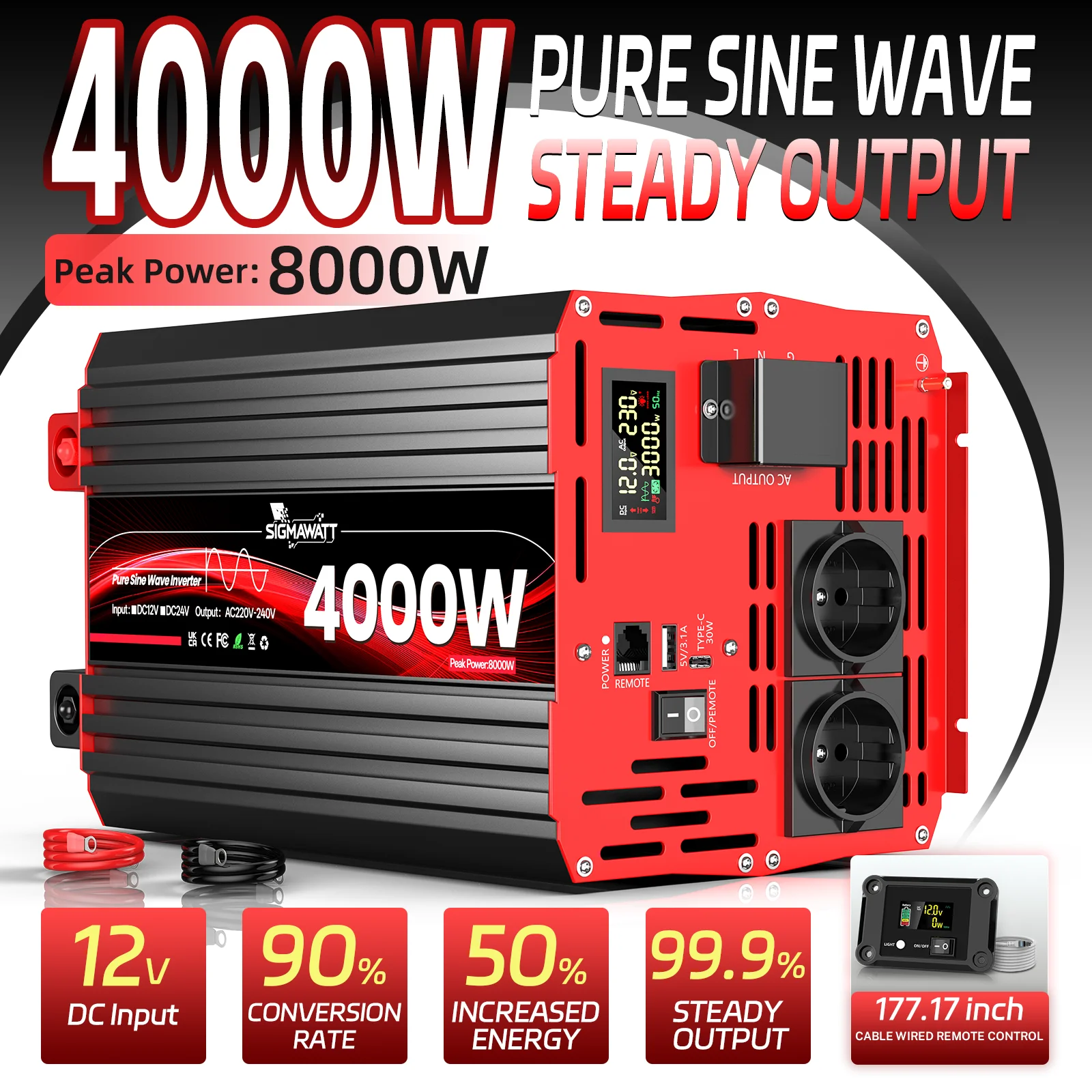 Reiner Sinus-Wechselrichter DC 12V 24V AC 230V 4000W Nennleistung 8000W Spitzenleistung LCD Fernbedienung USB Typ-C Auto für Off-Grid Camping