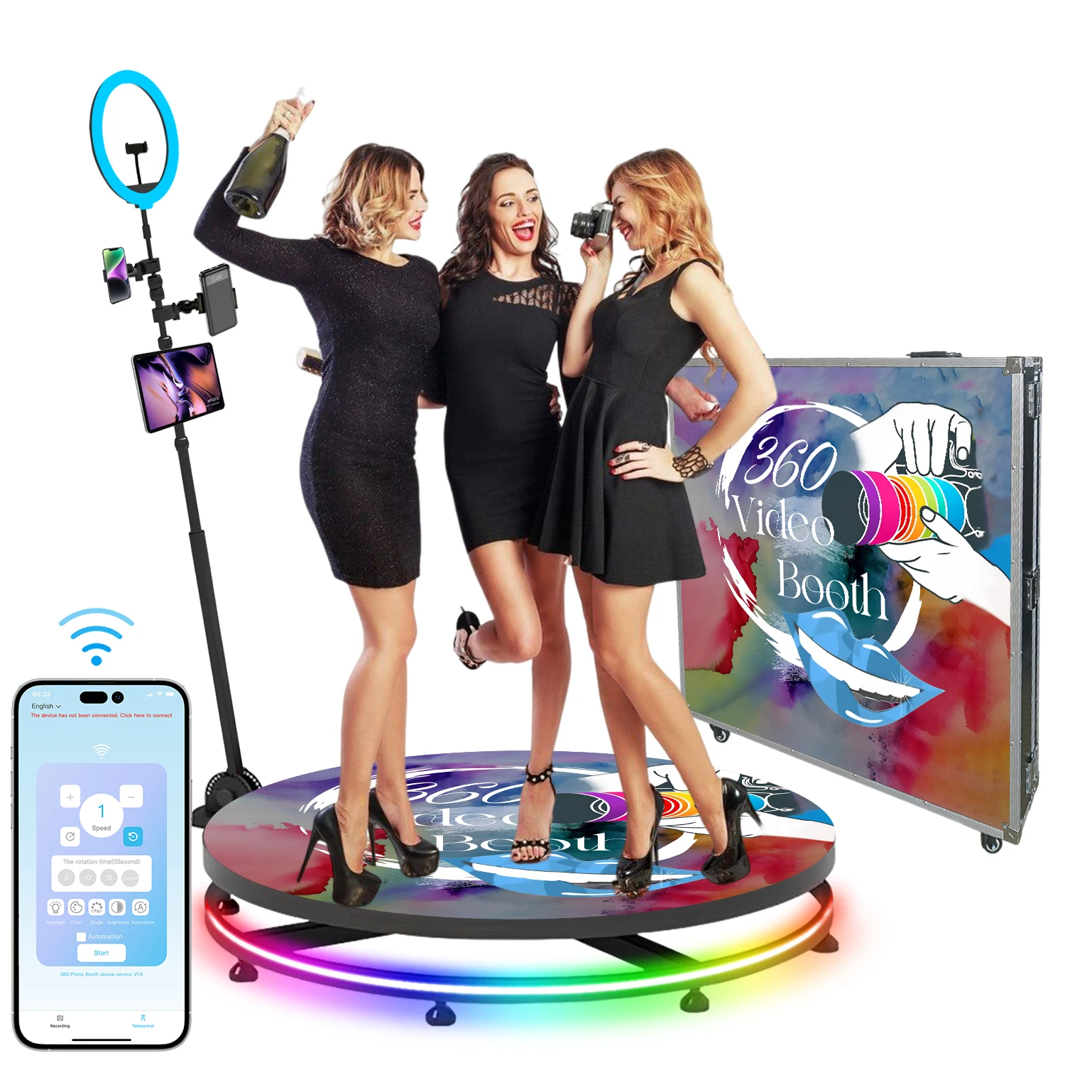 

Portable 360 Photo Booth Machine For Wedding Party Rental Events App Controlled Rotation 360 Selfie PhotoBooth With Flight Case