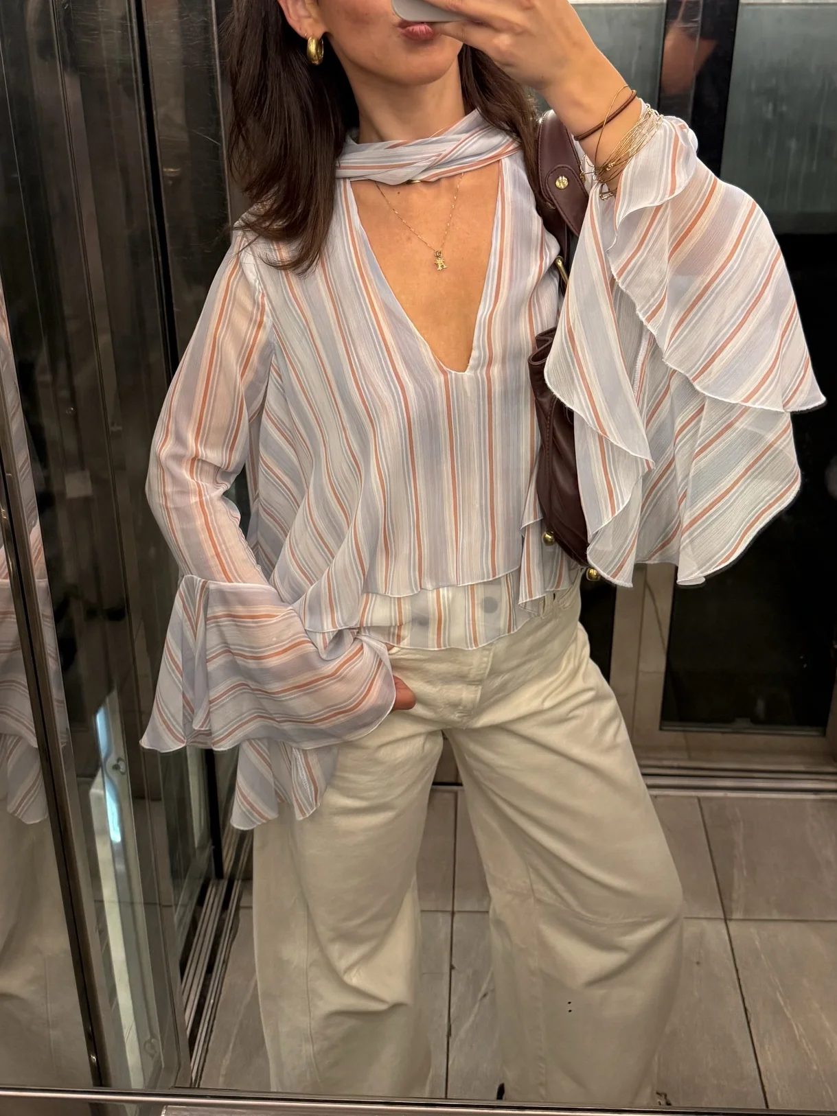 

Summer Women Striped Chiffon Blouse Ruffle Long Flare Sleeve Tie Neck Shirts Vintage Casual Loose Tops Blusas Chaqueta