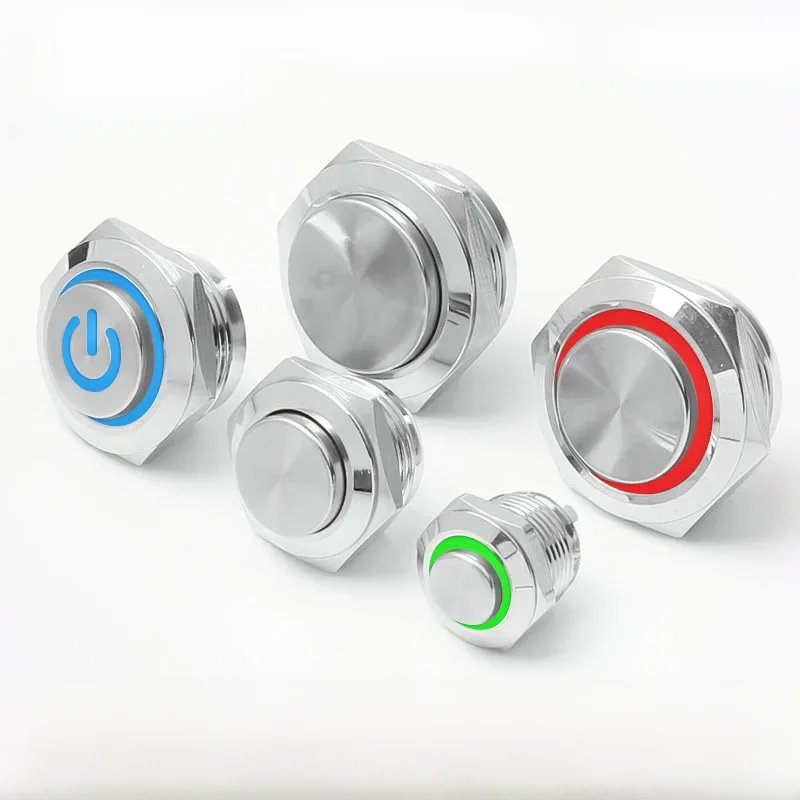 12/16/19/22mm Metalen Drukknop Korte Slag Zilveren Behuizing Waterdicht Hoge Kop Met Power LED Licht Momentary 1NO 6V 24V - afbeelding 2
