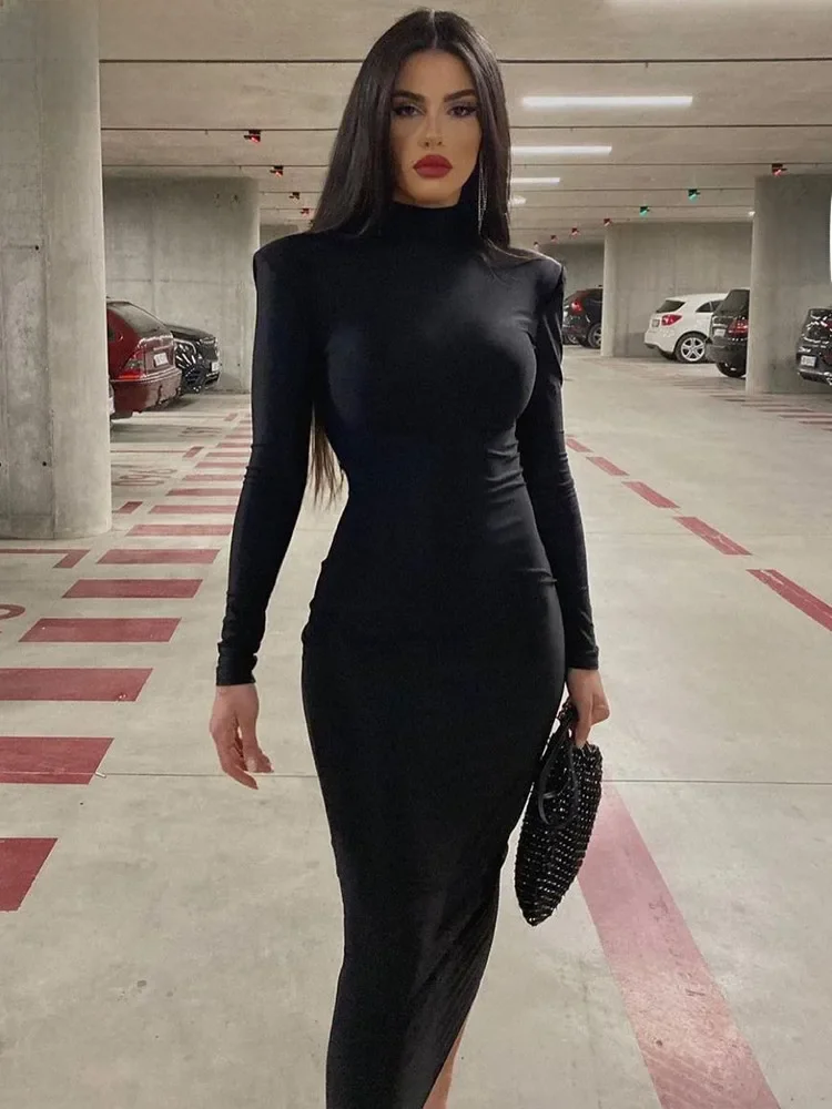 Hugcitar moda damska golf z długimi rękawami czarna seksowna obcisła sukienka Maxi na studniówkę jesień ubrania codzienne Streetwear Party Festival — zdjęcie 2