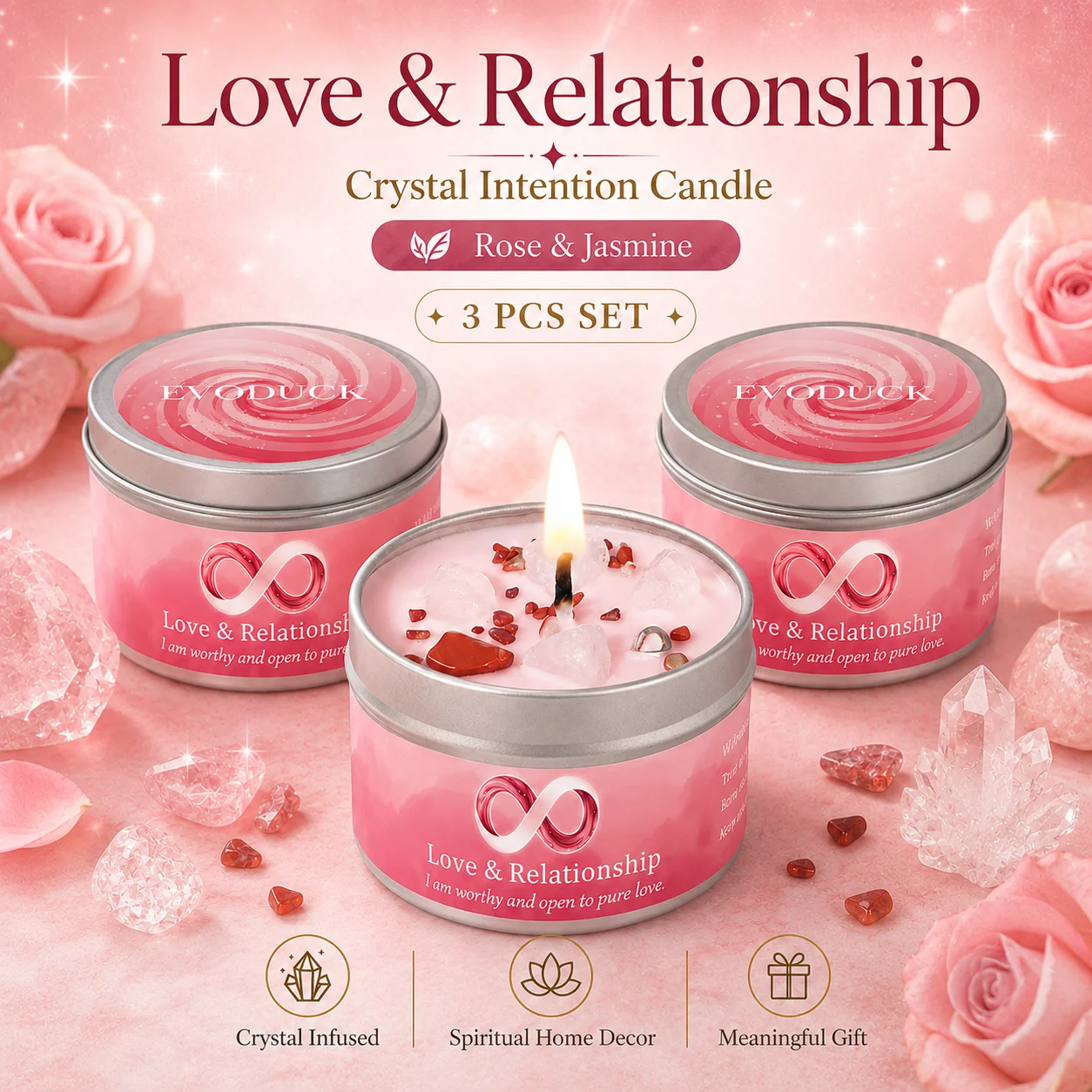 3Pcs Love & Relationship Crystal Intention Scented Candle Set, Rose & Jasmine Scented Soy Candles with Rose Quartz & Red Jasper, Self-Love Romance Manifestation Aromatherapy Tin Candles, Valentines Day Anniversary Wedding Gift for Her