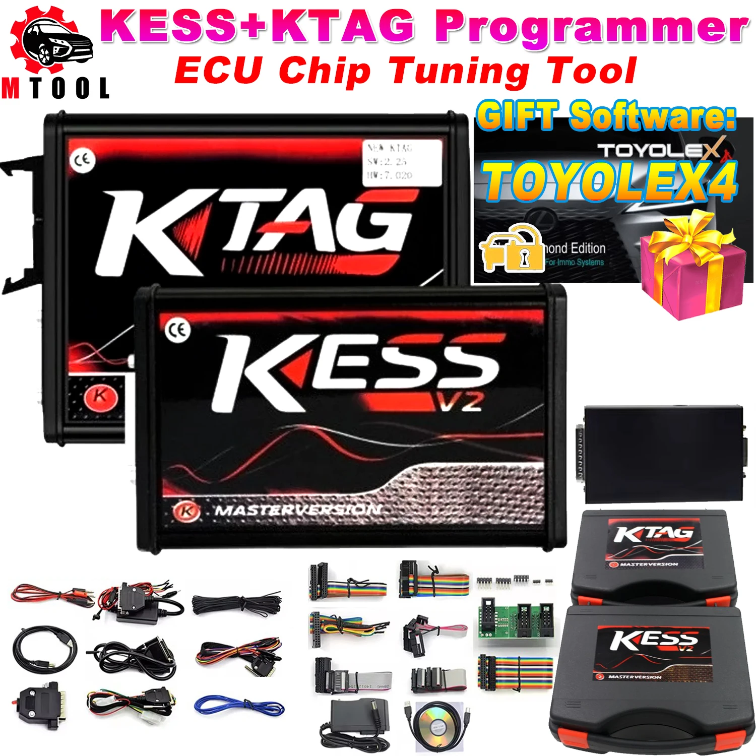 For KESS V2 V2.8 Red PCB and KTAG V7.020 4 LED ECU Chip Tuning Tool Programmer send TOYOLEX4 software as Free Gift with Toolbox