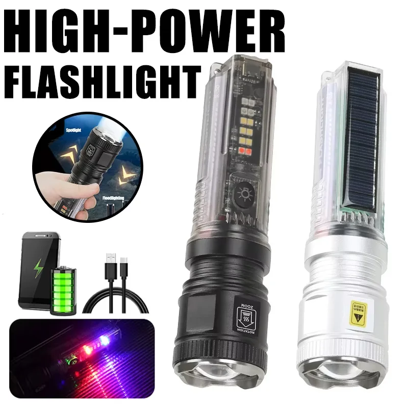 USB Solar charging Flashlight Multifunctional strong light Outdoor Torch Portable Zoomable Fishing Hunting Camping Lamp