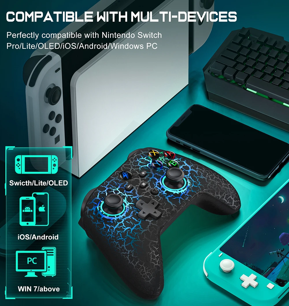 Беспроводные профессиональные контроллеры Dinofire для геймпада Nintendo Switch со светодиодной подсветкой/турбо/вибрацией/дистанционным управлением при движении для Android/IOS/ПК