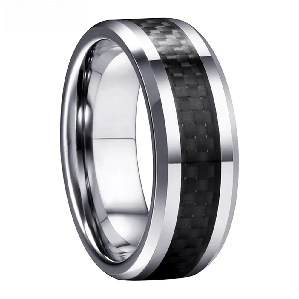 Pierścień z węglika wolframu 8 mm dla kobiet i mężczyzn z wkładką z włókna węglowego, fazowany, polerowany, klasyczna biżuteria na prezent, wygodny krój. — zdjęcie 2