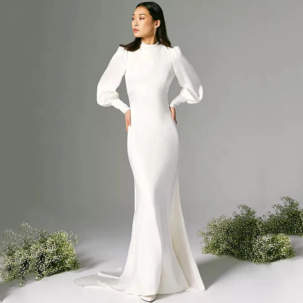 

Simple High Neck Long Sleeve Mermaid Wedding Dress Sexy Open Back Floor Length Bridal Sheath with Sweep Train Zipper Gowns