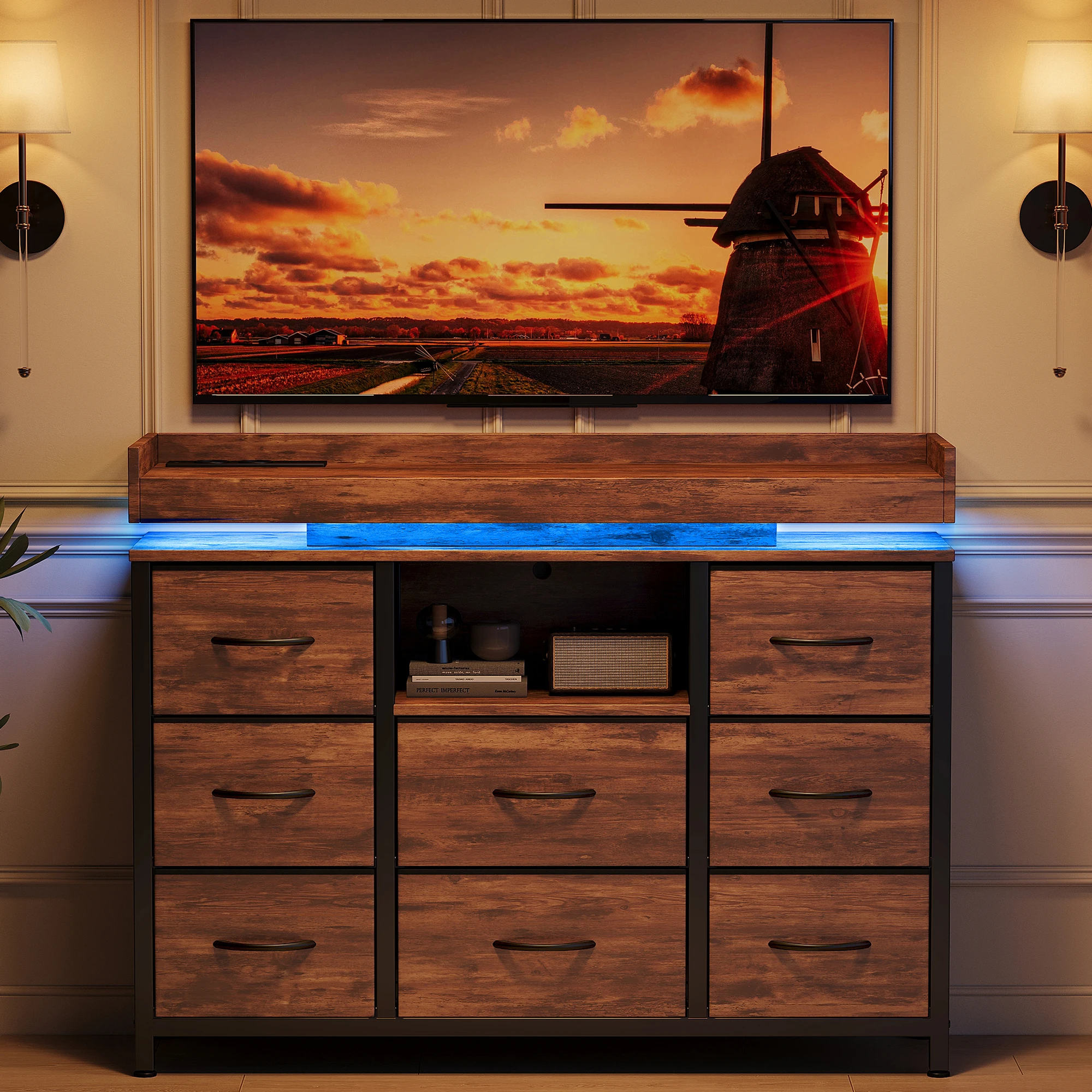 Anajqaqia 108x82x30Cm Chest of Drawer,Cabinet With Led Lamp And Socket For Charging,Storage Cabinet With 8 Drawers, Hall Lockers
