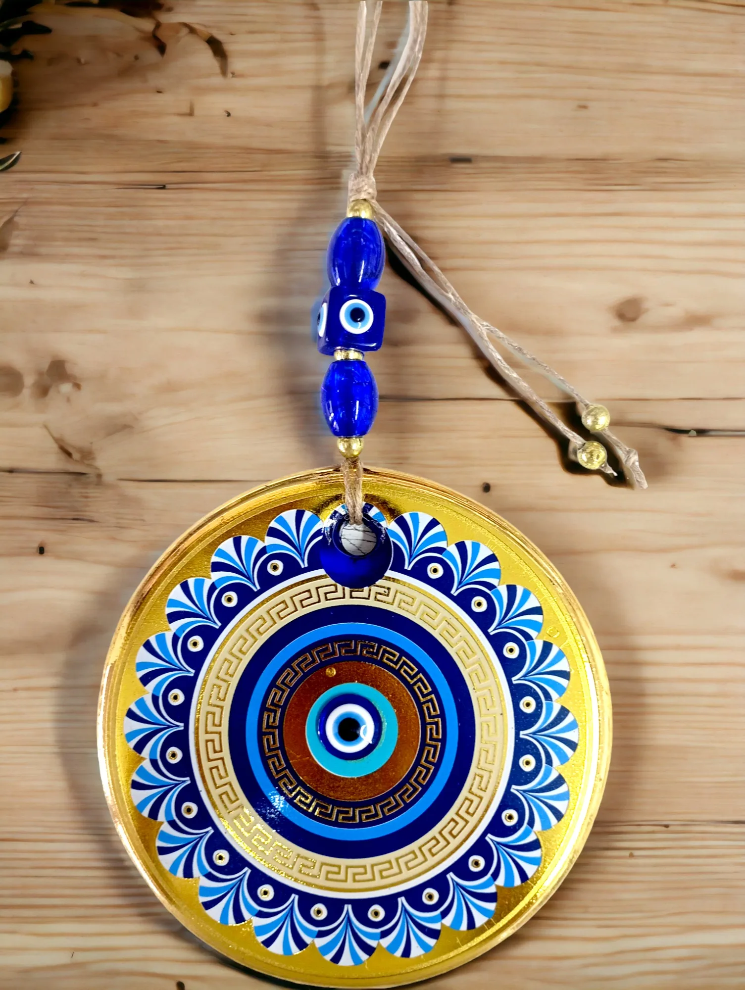 Blue Motif Evil Eye Beaded Eye Detail Gold Wall Decoration