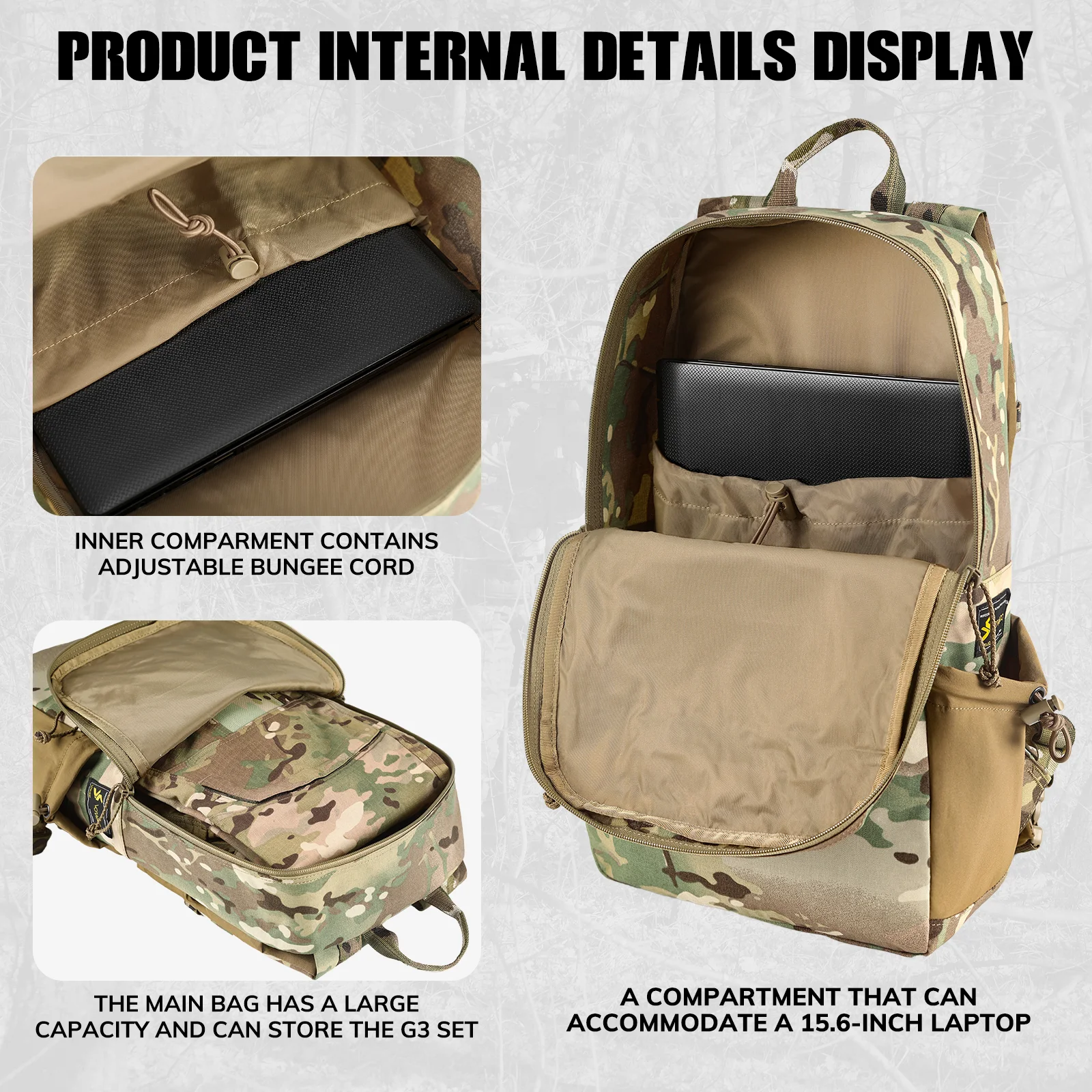 VOTAGOO 탄소 프레임이 포함된 전술 배낭, 15L 데이팟 500D 내구성 방수 팩(16인치 노트북 슬리브 포함)